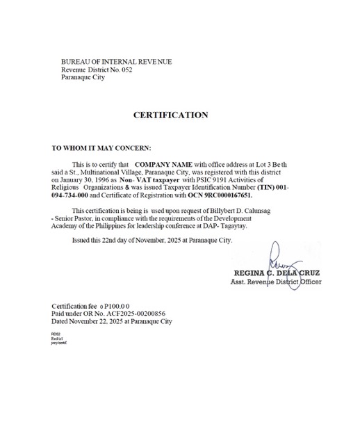 Philippines tax certification Word and PDF template